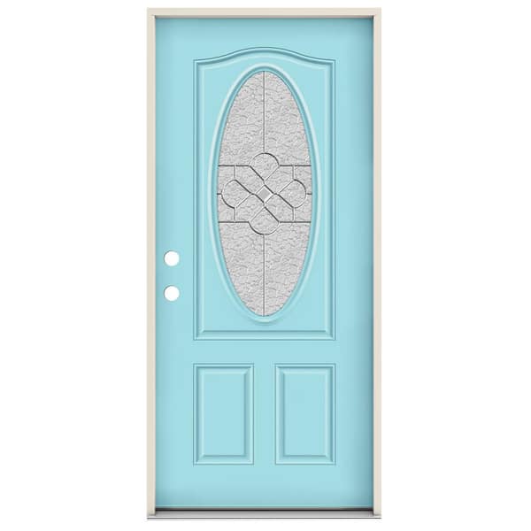 JELD-WEN 36 in. x 80 in. Right-Hand/Inswing 3/4 Oval Brevard Decorative Glass Caribbean Blue Steel Prehung Front Door