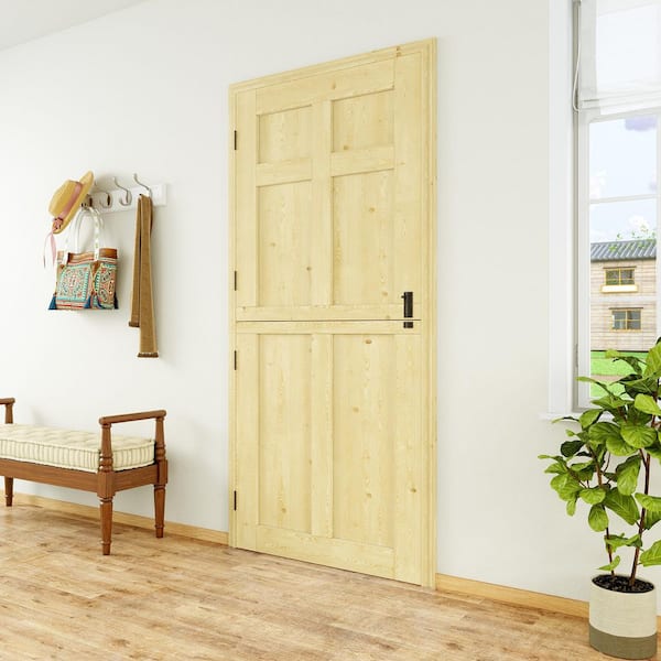 36 in. x 80 in. 6 Panel Universal Solid Pine Unfinished Dutch Wood Prehung Front Door with Quick Assemble Jamb