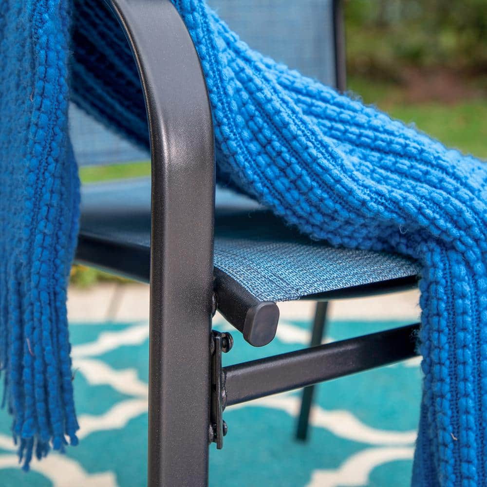 Blue and Black Ergonomic Steel Outdoor Dining Armchairs, Set of 4