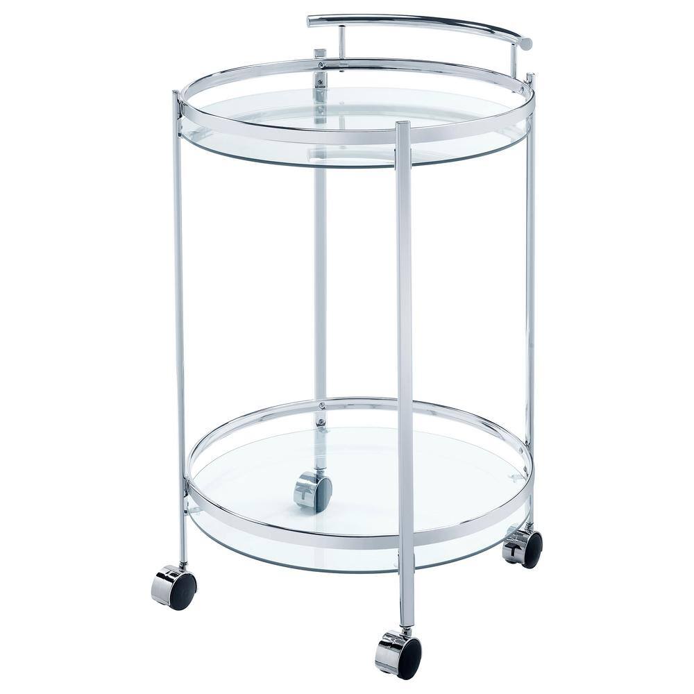 Modern Glam Silver Chrome Round Bar Cart with Tempered Glass Shelves