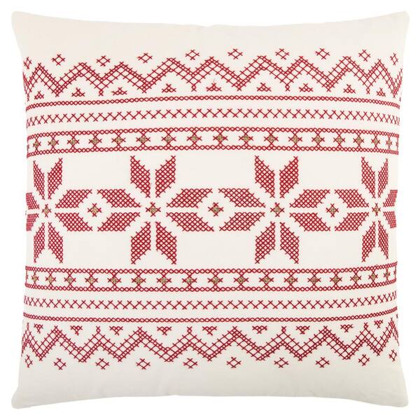 Rizzy Home Ivory and Red Cotton 20 in. X 20 in. Decorative Filled Throw Pillow