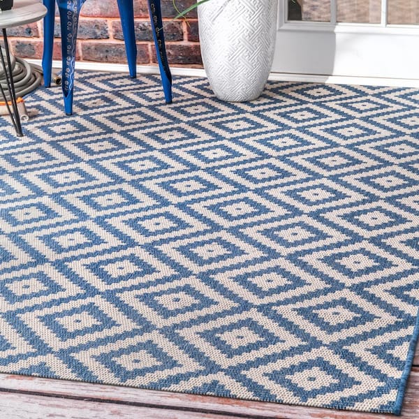Marybelle Tribal Diamond Blue 5 ft. x 8 ft. Indoor/Outdoor Patio Area Rug