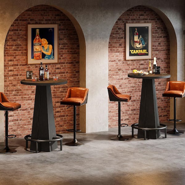 Adan Black 37.4 in. Bar Height Round Bar Table Bistro Pub Table with Metal Ring Footrest