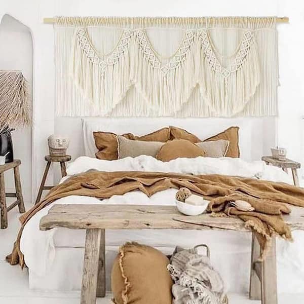 75 in. x 35 in. Beige Extra Large Macrame Wall Decor-Cotton Boho Tapestry (No Rod)