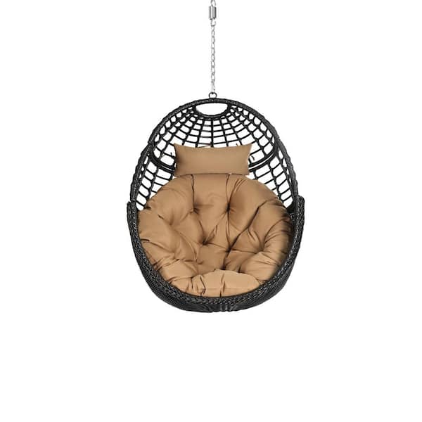TWT 32.3 in. Dark Brown Metal Hanging Egg Chair Porch Swing with Brown Cushions (No Stand)