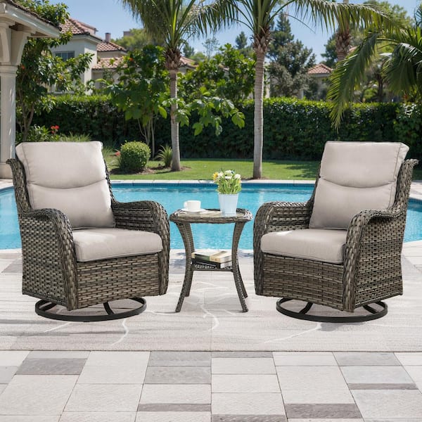 Crescent 3-Piece Gray Wicker Outdoor Bistro Sets with Beige Olefin Cushions and Matching End Table