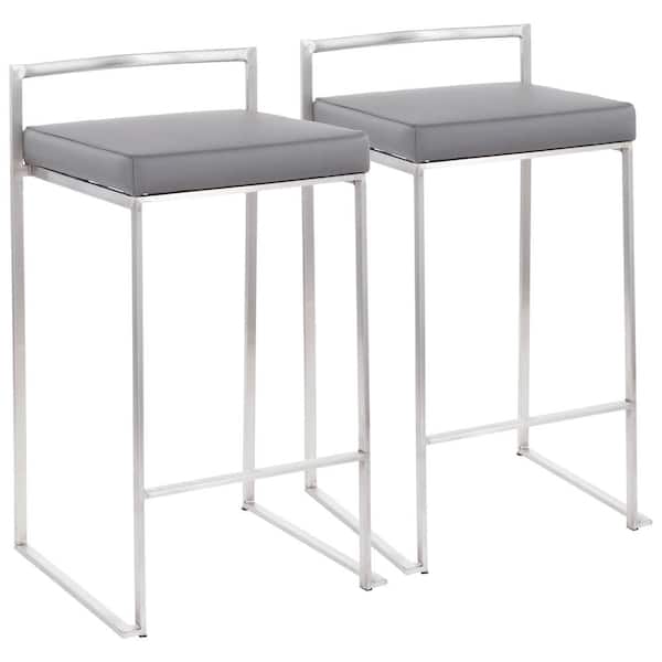 Lumisource Fuji 26 in. Stainless Steel Stackable Counter Stool with Grey Faux Leather Cushion (Set of 2)