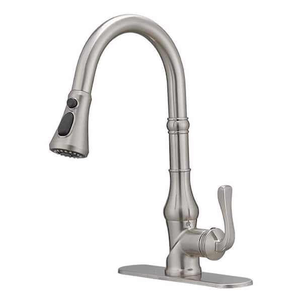 Single Handle 3 Spray High Arc Pull Down Sprayer Kitchen Faucet With Deck Plate in Brushed Nickel