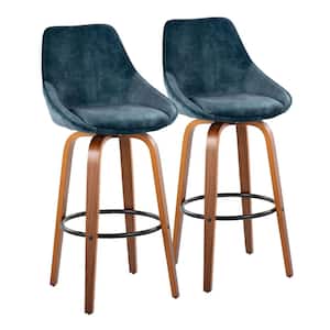 Diana 30 in. Blue Velvet, Walnut Wood, and Black Metal Fixed-Height Bar Stool (Set of 2)