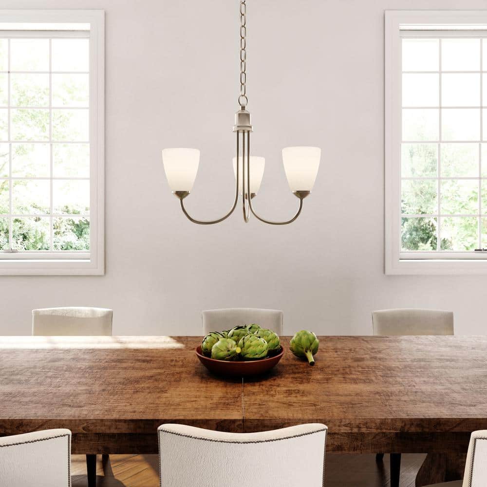 Brushed Nickel 3-Light Chandelier with Etched Glass Shades