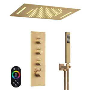 LED Thermostatic Valve 7-Spray Ceiling Mount 23*15 in. Fixed and Handheld Shower Head 2.5 GPM in Brushed Gold
