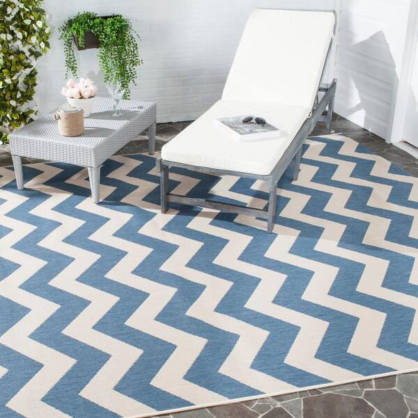 Courtyard Blue/Beige 8 ft. x 8 ft. Square Geometric Indoor/Outdoor Patio  Area Rug