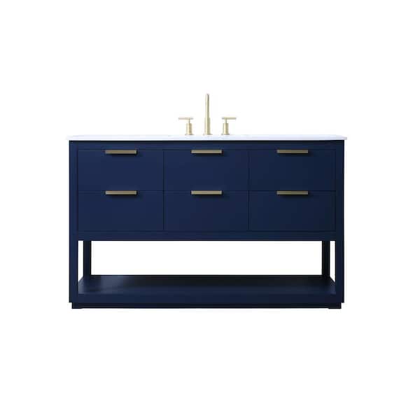 54 in. W x 22 in. D x 34 in. H Bath Vanity in Blue with Calacatta White Engineered Marble Top