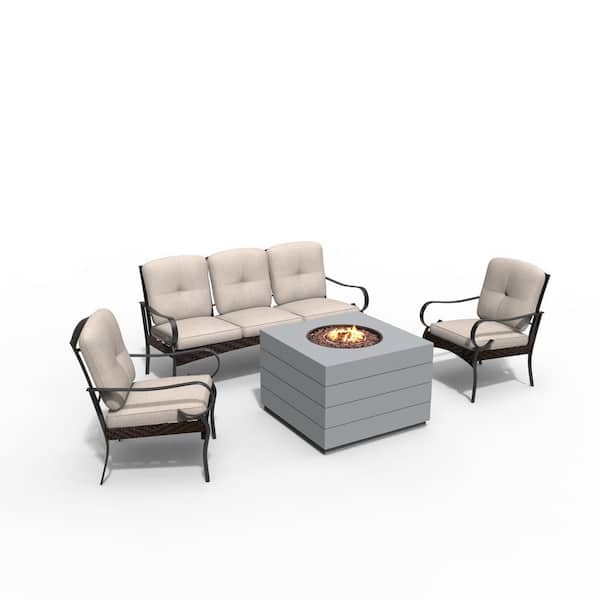 moda furnishings Bright Gray 4-Piece Concrete Patio Fire Pit Conversation Sofa Set with Beige Cushions