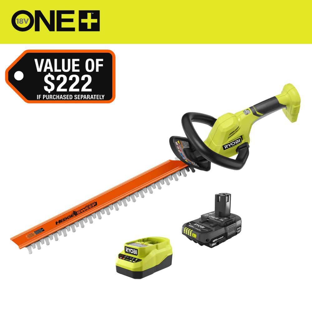 RYOBI ONE+ 18V 22 in. Lithium-Ion Cordless Hedge Trimmer with 2.0 Ah Battery and Charger P2690