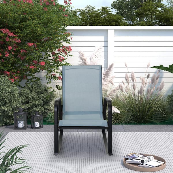 Clihome Metal Outdoor Rocking Chair in Blue with Breathable Teslin Fabric