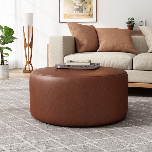 Brown PU Faux Leather Modern Round Accent 30 in. Ottoman