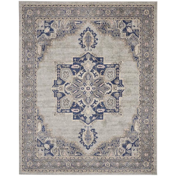 Nourison Tranquil Grey/Navy 9 ft. x 12 ft. Center medallion Traditional Area Rug
