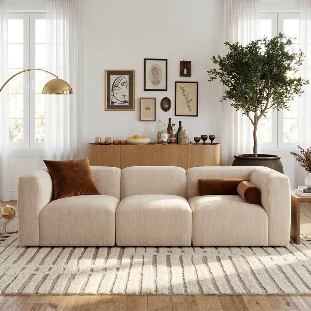 LAOTIES Modular 3-Seat Sectional Sofa Couch, Beige Chenille Deep Seat, Modern Low Profile Living Room Furniture PHILO-2COR+1RMLS-2823-BEIGE
