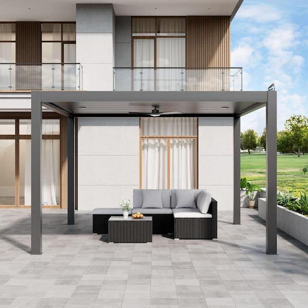 13 ft. x 13 ft. Dark Gray Aluminum Patio Pergola with Built-In Solar Panel, Ceiling Fan and Round LED Light