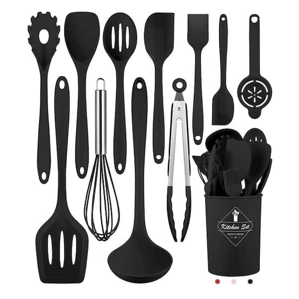 12-Piece Silicone Kitchen Utensils Set, 392°F Heat Resistant Spatula Set, Nonstick Cookware, Dishwasher Safe, Black