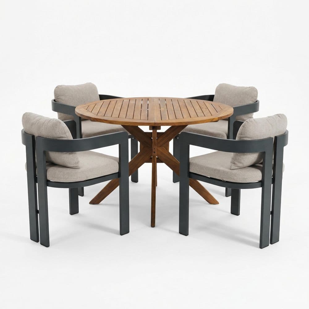 Velor 5-Piece Acacia Wood Round Patio Outdoor Dining Set with Beige Cushions and Dark Grey Aluminum Frame Chairs price history on PriceWatchPro