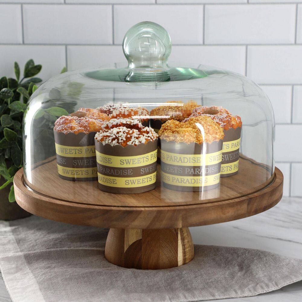 Elama 1-Tier Brown Acacia Wood Multi-Function Cake Stand with Glass Dome Lid 985122132M