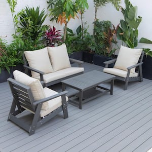 Alpine 4-Piece Poly Lumber Weather Resistant Patio Conversation Set with Beige Cushions & Coffee Table