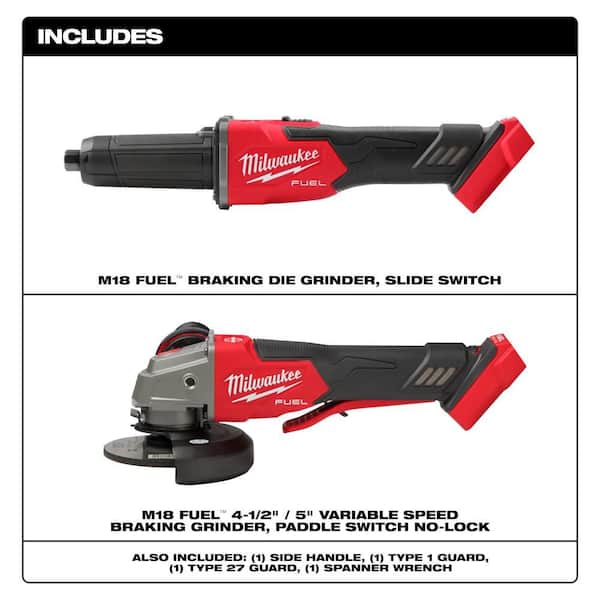 M18 FUEL 18V Lith-Ion Brushless Cordless 1/4 in. Braking Die Grinder Slide Switch and M18 Grinder w/ Paddle Switch