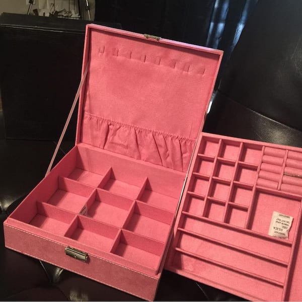 Pink 10.2 in. x 3.2 in. Velvet Elegant Jewelry Organizer with Lock