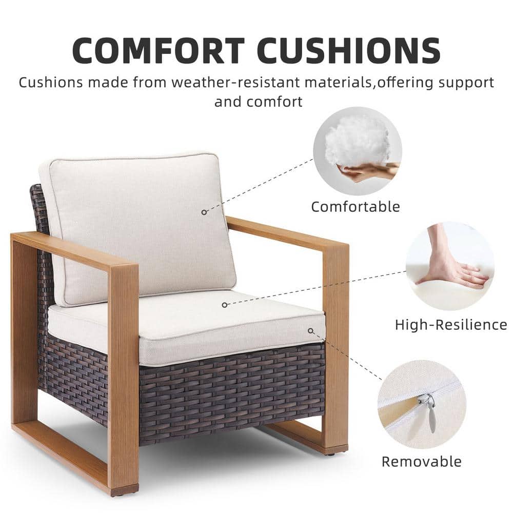 Beige and Brown Rattan Indoor-Outdoor Armchairs with Cushions