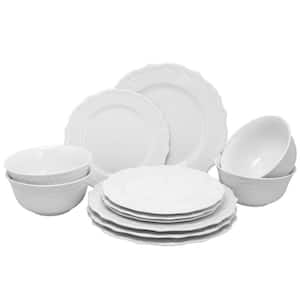 Scallop Buffet 12-Piece Casual White Ceramic Dinnerware Set (Service for 4)