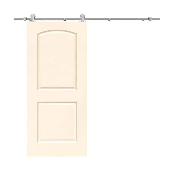 CALHOME 30 in. x 80 in. Beige Stained Composite MDF 2-Panel Round Top Interior Sliding Barn Door with Hardware Kit