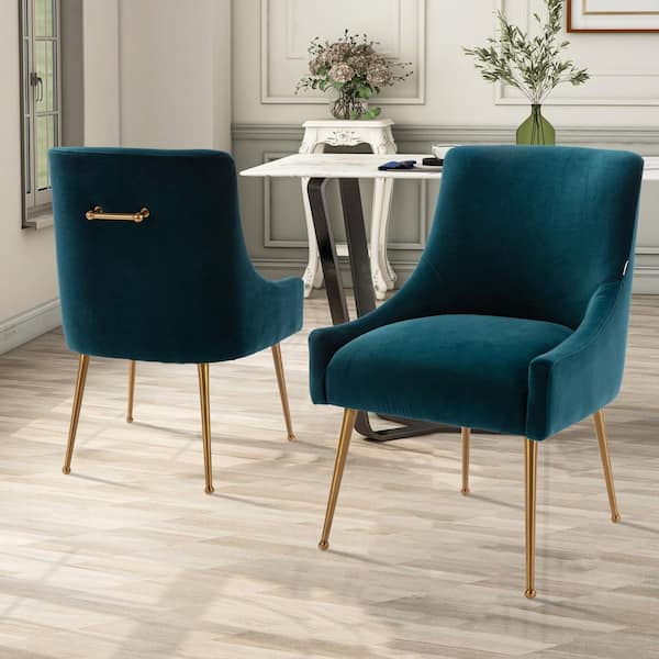2-Piece Lake Green Velvet Upholstered Chair Set with Gold Metal Legs Stain Resistant for Dining Living Room