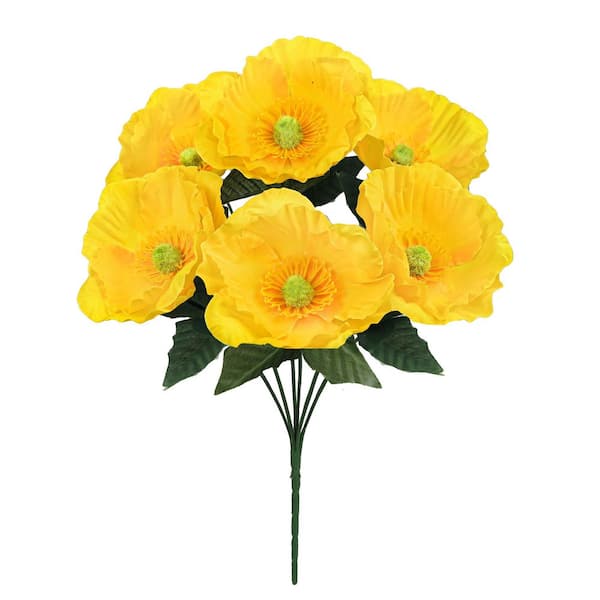 LIVING LUXURY 14 in. Yellow Artificial Poppy Flower Stem Bush Bouquet (Set of 12)