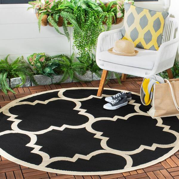 Courtyard Black/Beige 4 ft. x 4 ft. Round Geometric Indoor/Outdoor Patio  Area Rug