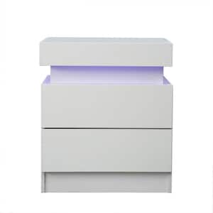 2-Drawer White Bedside Table End Table with LED