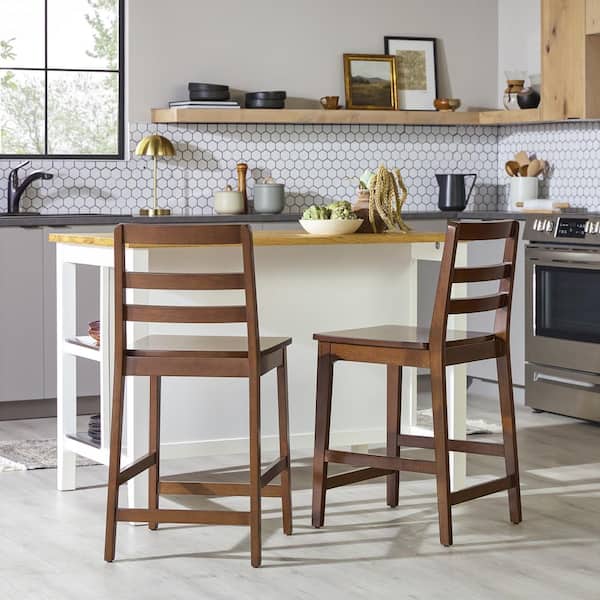 Modern Ladder Back 24 in. Walnut Low Back Solid Wood Counter Stool with MDF Seat, Set of 2