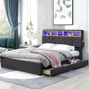 Dark Gray Linen Wood Frame Queen Size Platform Bed with Storage Headboard and USB Charging