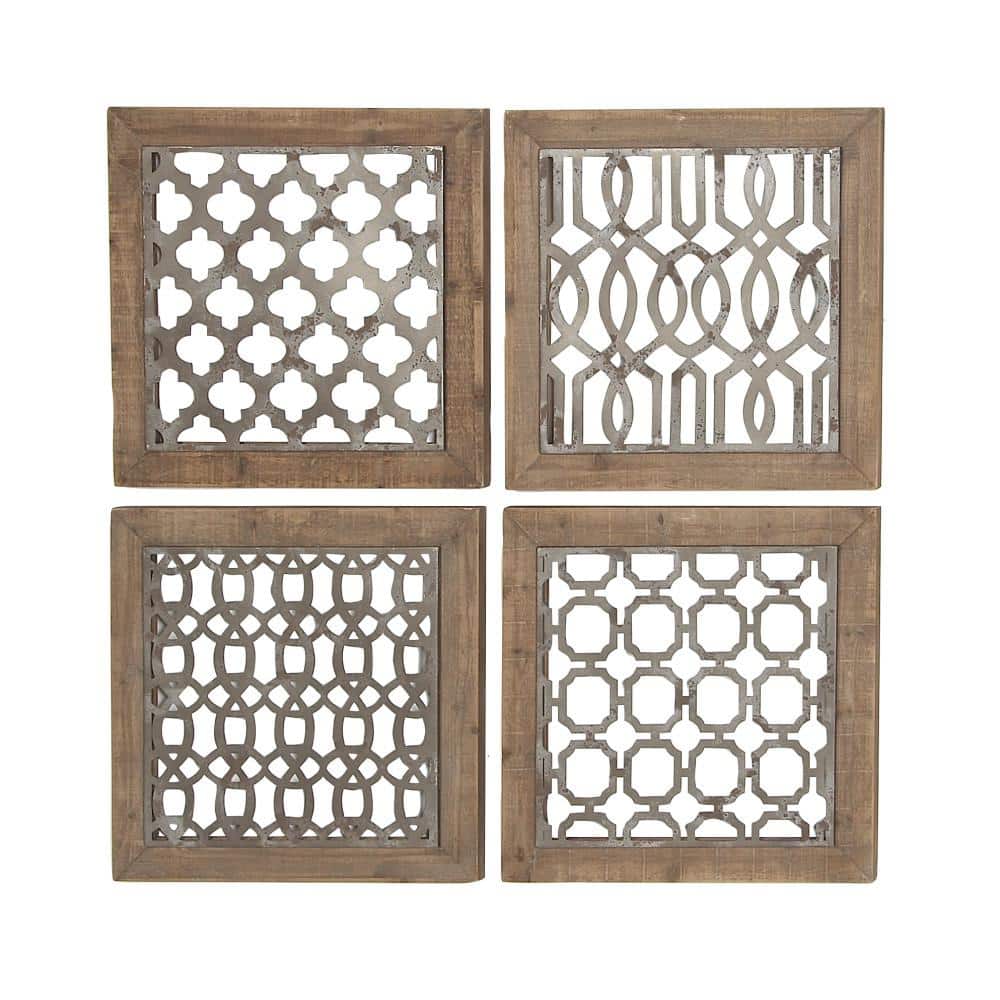 Rustic Farmhouse Iron & Wood Geometric Wall Decor Set, 19" Square