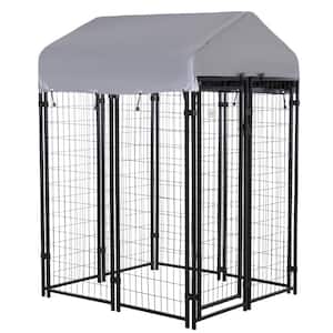 4 ft. x 4 ft. x 6 ft. 0.0004-Acre Black Steel In-Ground Dog Fence Dog Kennel Outdoor Steel Fence with Canopy