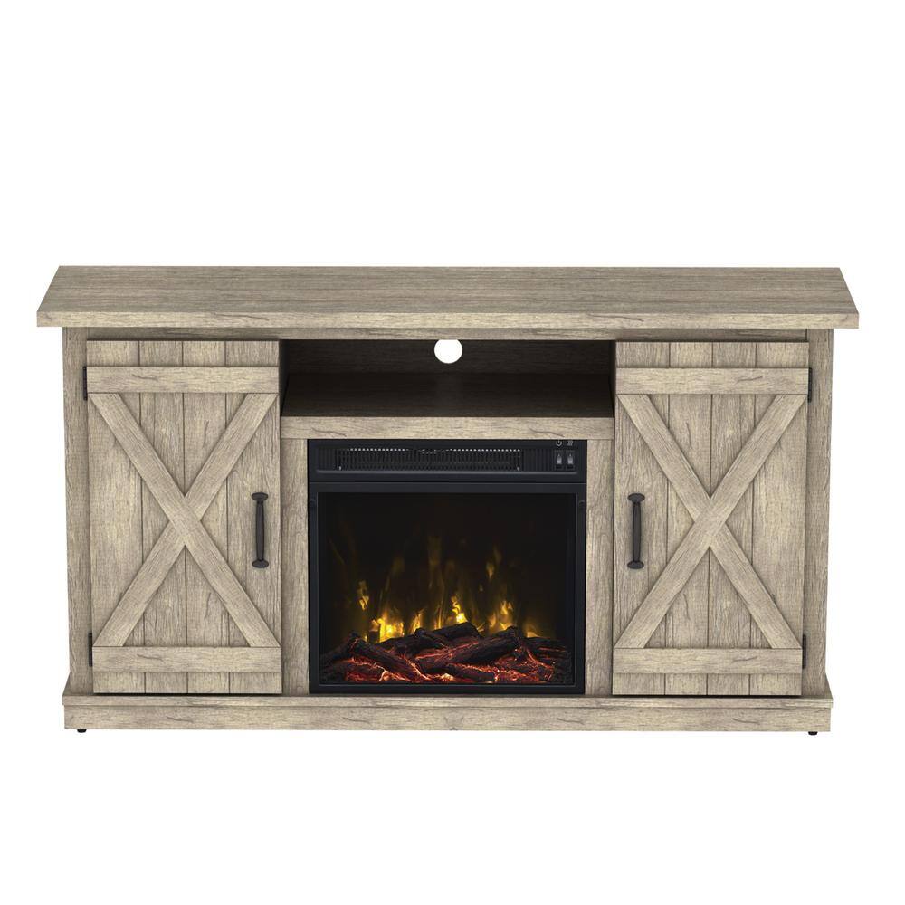 Ashland Pine TV Stand with Electric Fireplace and Cabinets