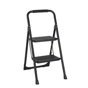 2-Step Black Iron Ladder Foldable Non-slip Outdoor Ladder Loading 330 lbs. for Home, Kitchen, Office