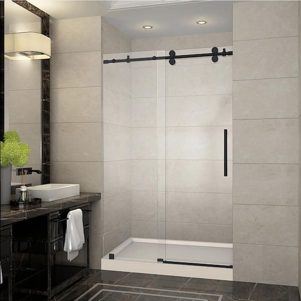 Aston Langham 48 in. x 36 in. x 77.5 in. Frameless Sliding Shower Door in Matte Black, Left Drain
