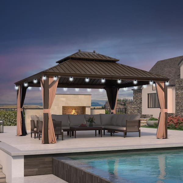 PURPLE LEAF 10 ft.x 14 ft.Bronze Patio Outdoor Gazebo for Backyard Hardtop Aluminum Frame with Hooks,Netting,Khaki Curtain,24 Lights