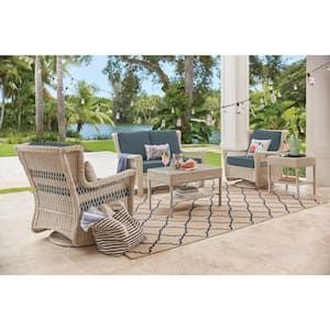 Park Meadows Off-White Wicker Outdoor Patio Swivel Rocking Lounge Chair with Sunbrella Denim Blue Cushions