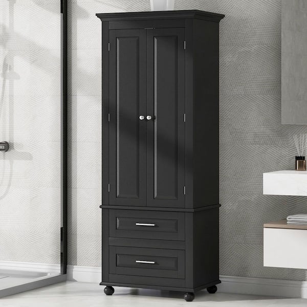 24 in. W x 16 in. D x 63 in. H Black Linen Cabinet, Tall Storage Cabinet with 2-Drawers for Bathroom/Office