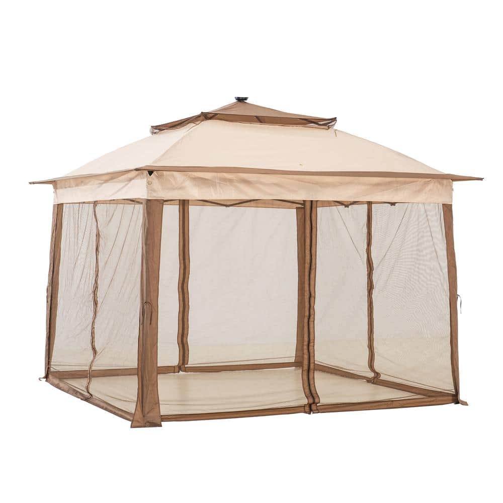 Brown Steel Frame Pop-Up Gazebo with Solar LED Lighting