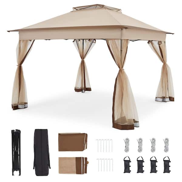 11 ft. x 11 ft. Khaki Pop-Up Gazebo Tent with Mosquito Netting