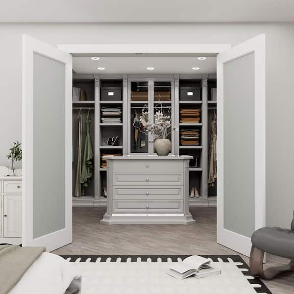 60 in. x 80 in. 1-Lite Frosted Glass White Solid Core Finished Glass French Door Panels Bi-fold Door with Ball Catch